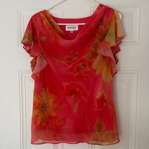 Studio 17 Coral Red Floral Flutter Sleeve Blouse